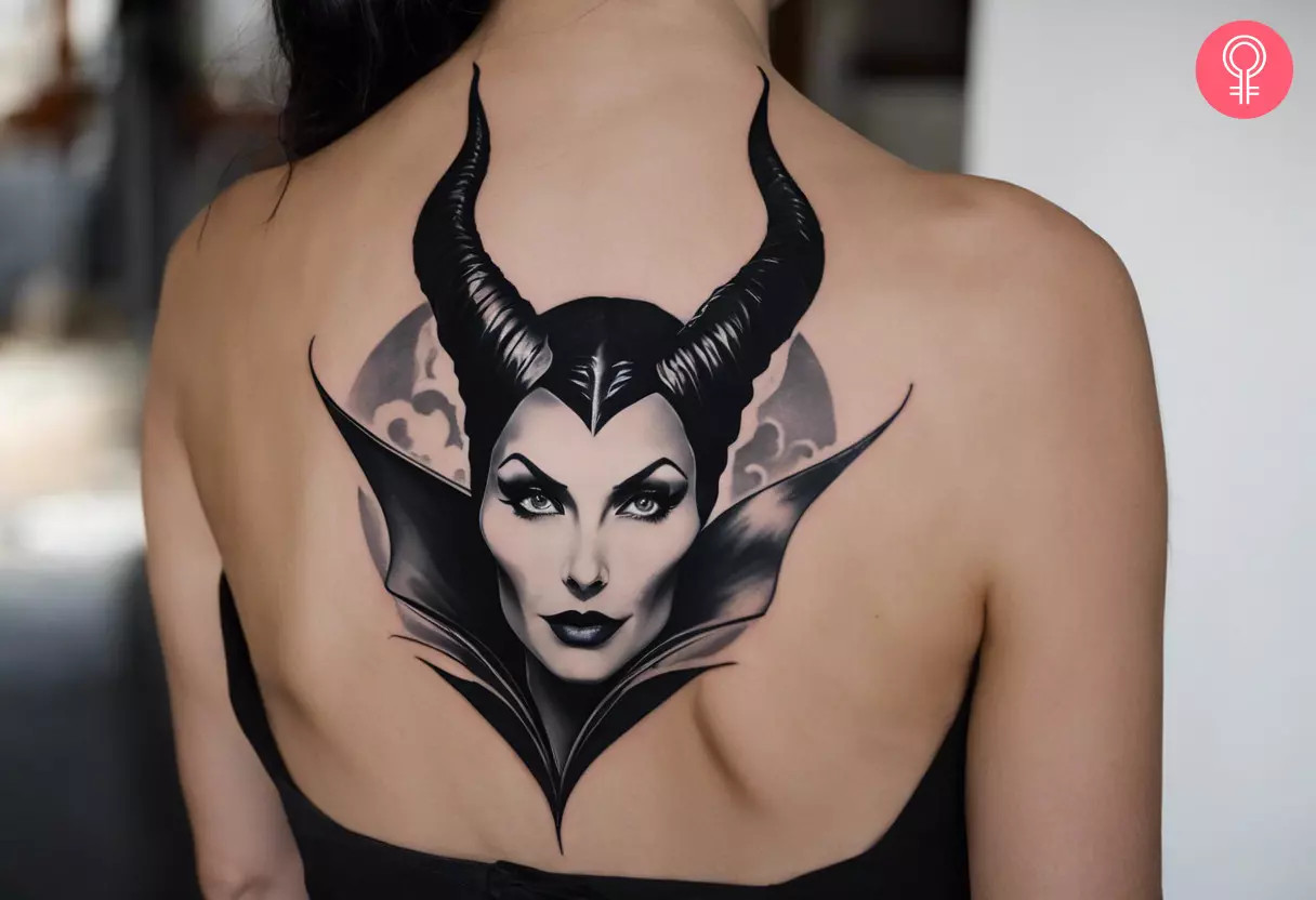 A woman wearing a black-and-white Maleficent tattoo on the back, a dramatic and timeless representation of supernatural power
