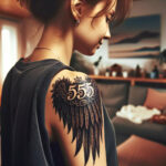 A woman showcasing a 555 tattoo with angel wings on her upper arm, symbolizing divine guidance and transformation