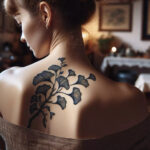 A woman with a Ginkgo branch and leaves tattoo on her shoulder