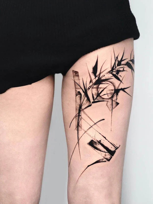 Abstract blackwork tattoo on the thigh, by @sixtenism, showcasing modern artistic flair