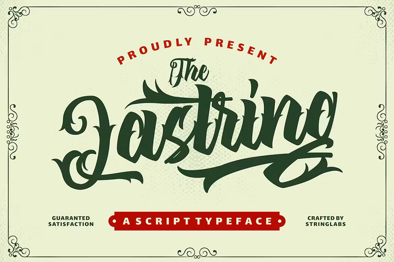 The Lastring tattoo font, a bold script typeface combining vintage and retro elements with classic gothic tattoo styles