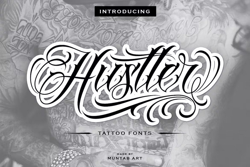 Hustler tattoo font, a highly decorative font with a hard masculine edge, suitable for gangster-style tattoo designs