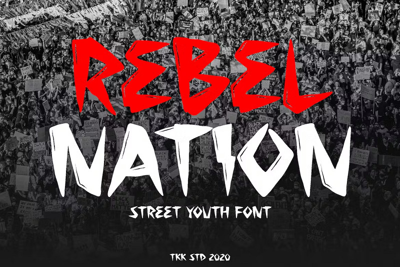Rebel Nation tattoo font, a ‘street youth’ font capturing the spirit of anarchy, reminiscent of graffiti in urban areas