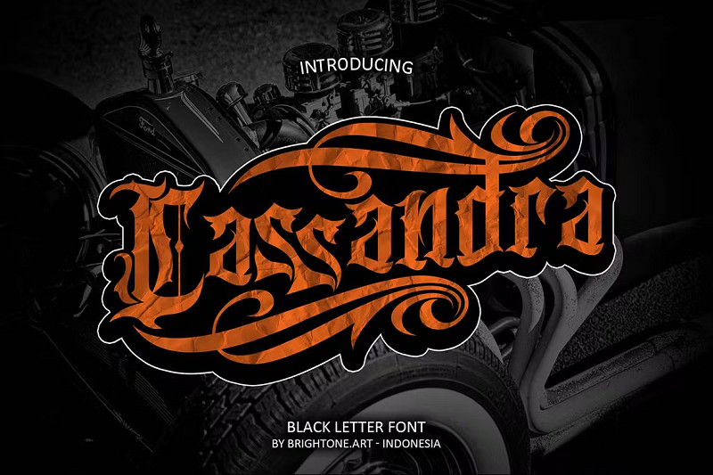 Cassandra tattoo font, a bold and chunky blackletter font suitable for tribal tattoo designs with its Old English, Gothic style