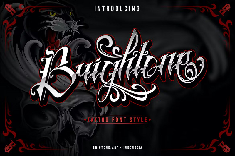 Brightone tattoo font, a classic script-style font with heavy strokes and sharp edges perfect for bold designs