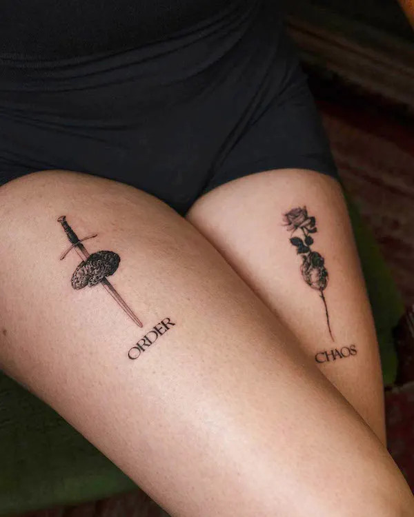 Chaos and order thigh tattoos, by @gemil_grim, representing balance and harmony