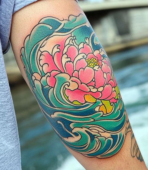 Colorful Japanese Flower Tattoo with Waves