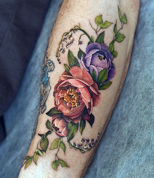 Colorful Peonies and Lily of the Valley on the Arm