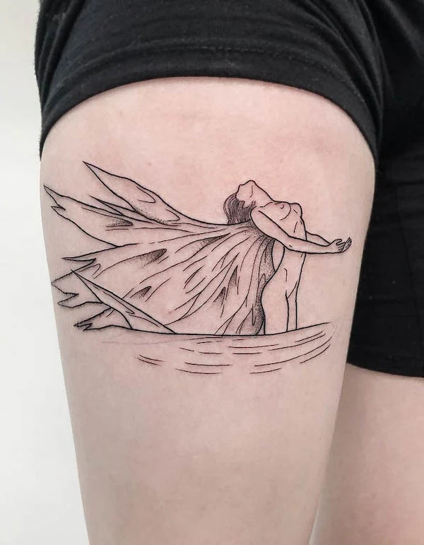 Abstract fine line tattoo on the thigh, by @muchttoomuch, conveying modern artistic expression