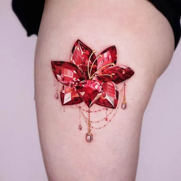 Crystal lotus tattoo on the thigh, by @yeriel_tattoo, blending spiritual symbolism with a touch of sparkle