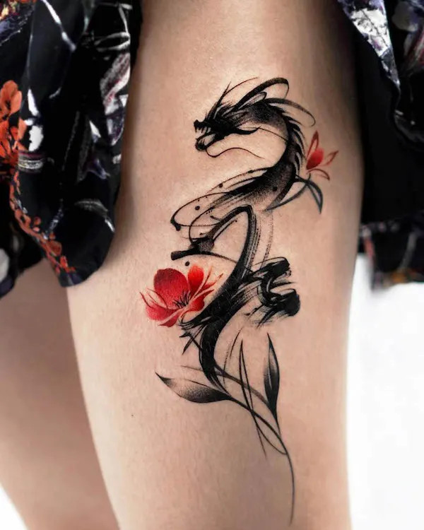 Intricately detailed black dragon tattoo on the thigh, by @mukyeon_tattoo, symbolizing strength and mystery