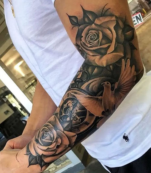 Flower Sleeve Tattoo with Watch and Dove