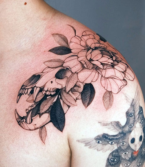 Flower with Tiger Skull Tattoo