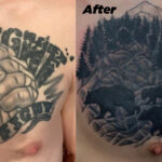 A cover-up tattoo done by The Fall from a fist to a forest
