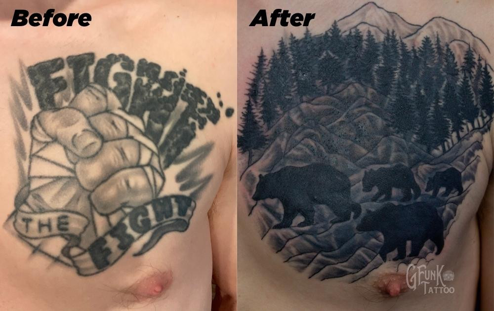 A cover-up tattoo done by The Fall from a fist to a forest