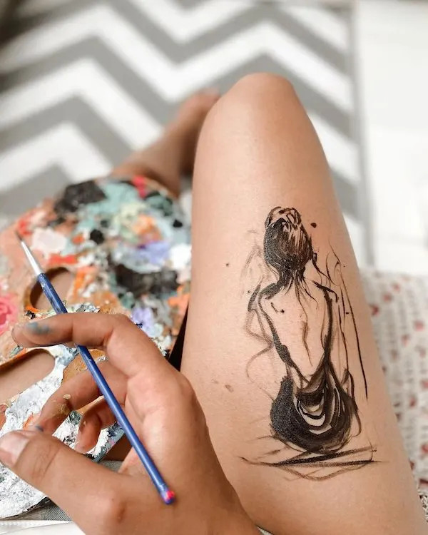 Artistic illustration tattoo on the thigh, by @pranjalivart, blending creativity and personal expression