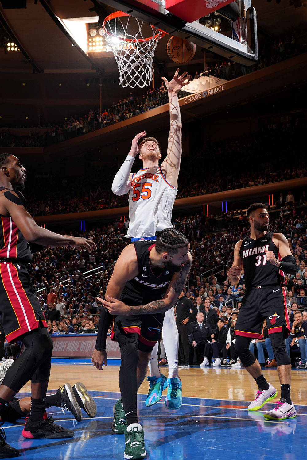 Isaiah Hartenstein #55 of the New York Knicks shoots the ball during the game against the Miami Heat during Game 2 of the Eastern Conference Semi-Finals of the 2023 NBA Playoffs on May 2, 2023 at Madison Square Garden in New York City, New York.