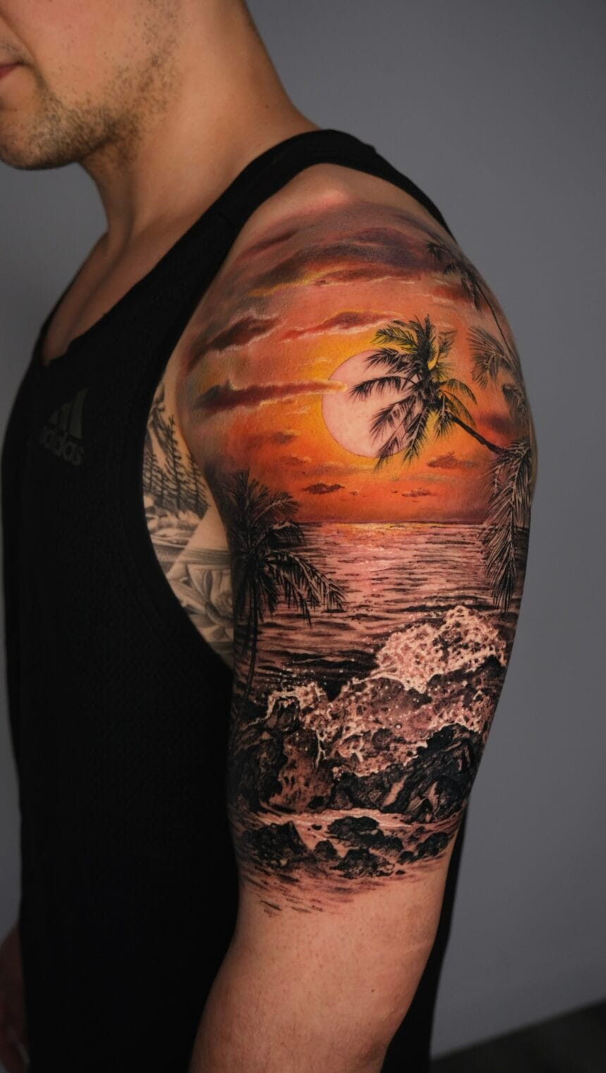 A close-up of a tattoo artist working on a detailed tattoo design, showcasing their skill and precision