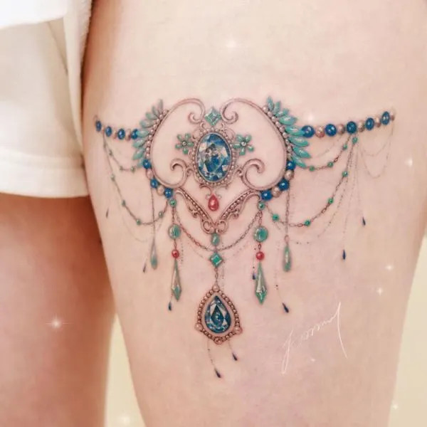 Stunning jewelry tattoo on the thigh, by @tattooist_jammy.j, creating a permanent and elegant adornment