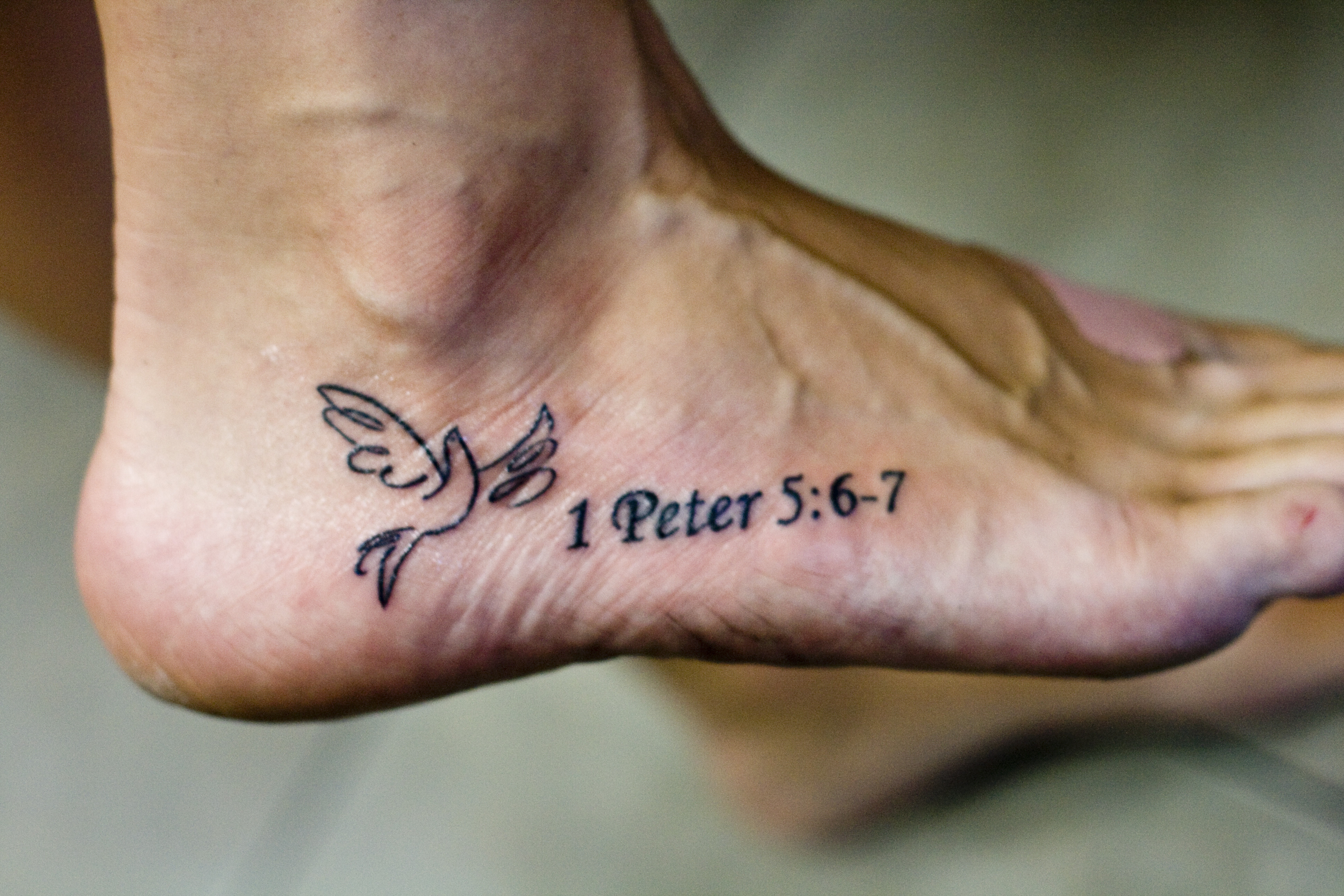 Melissa's tattoo: Humble yourselves, therefore, under God’s mighty hand, that he may lift you up in due time. Cast all your anxiety on him because he cares for you.&quot; 1 Peter 5:6-7