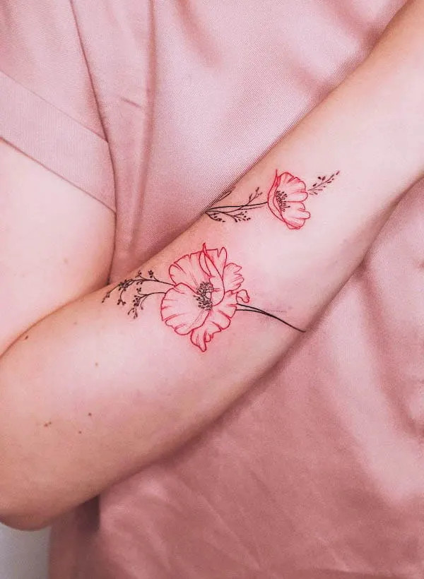 Colorful poppy bracelet tattoo design by @kat_babai