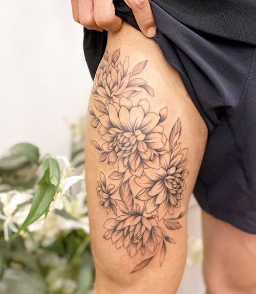 Powerful Floral Leg Tattoo