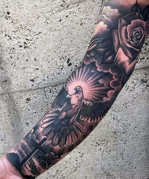 Religious Floral Cross Tattoo For Men