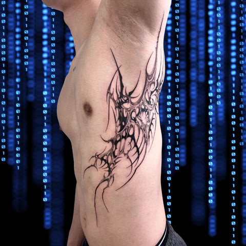 Side Cybersigilism Tattoo with Tribal Motifs