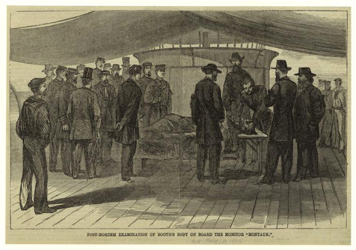 Sketch appeared in Harper's Weekly on May 13, 1865, depicting the pursuit and death of John Wilkes Booth following the assassination of President Lincoln