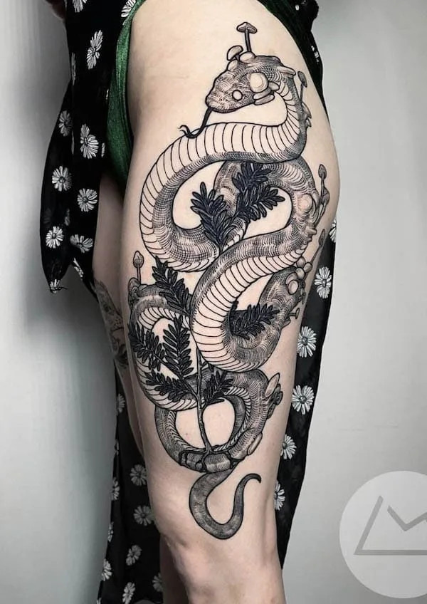 Fantasy snake tattoo along the side of the thigh, by @allsacredtattoo, showcasing a unique and mythical design