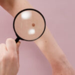 Close-up of a flat mole on skin, indicating potential tattoo area.