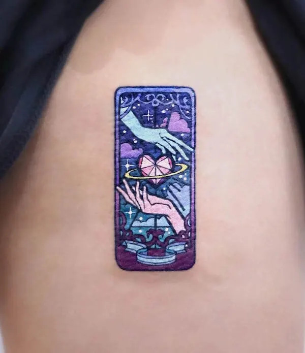 Lovers tarot card tattoo on the thigh, by @tattooist_sigak, symbolizing love and destiny