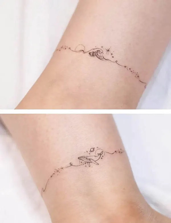 Ocean inspired waves and whale bracelet tattoo by @handitrip
