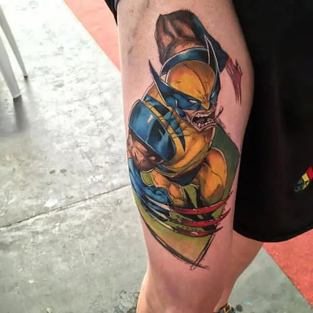 Wolverine tattoo featuring a full-action scene created by Gamer.ink on Instagram.