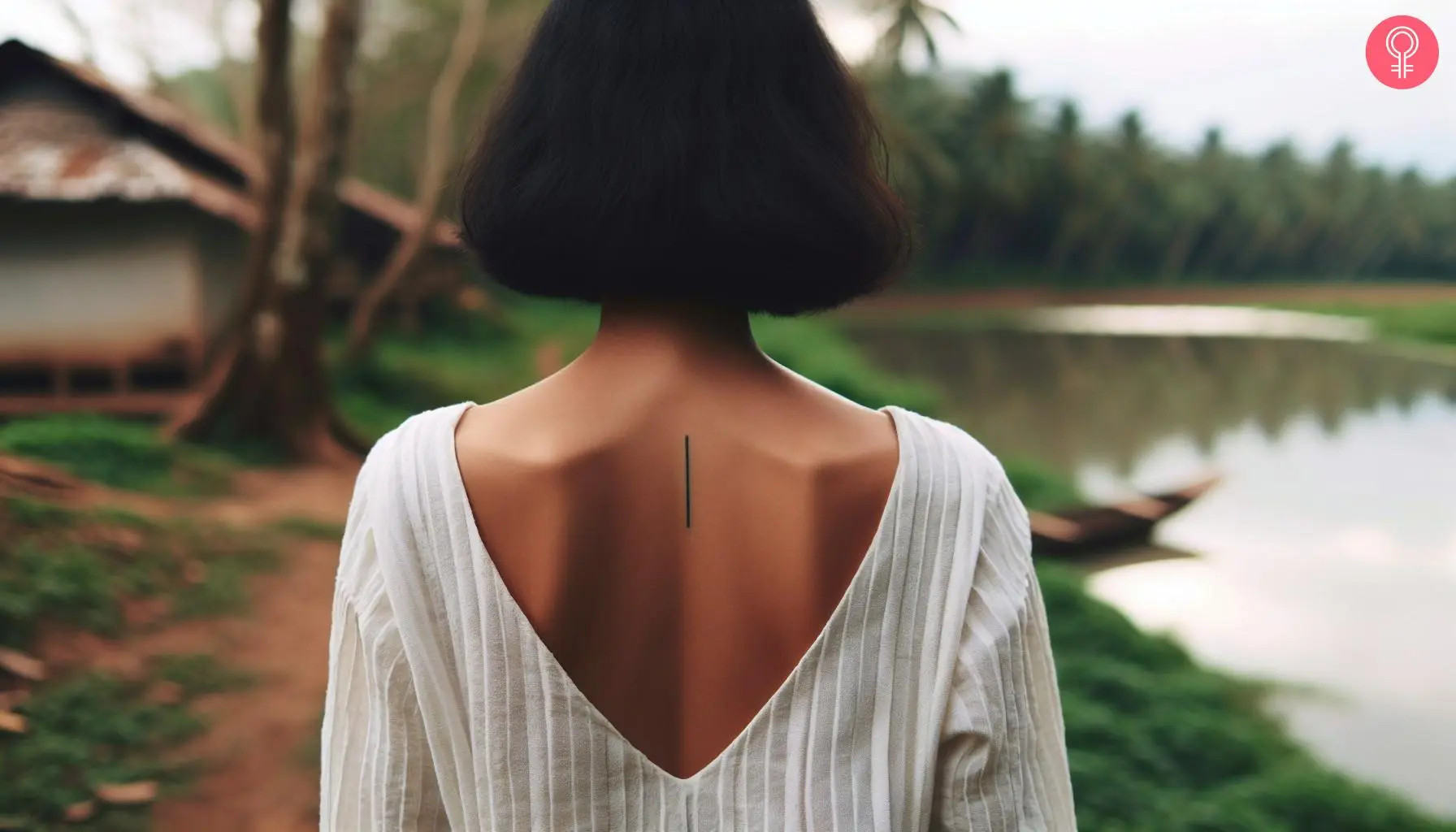 Woman with a straight line back tattoo, emphasizing a commitment to a singular path and determination