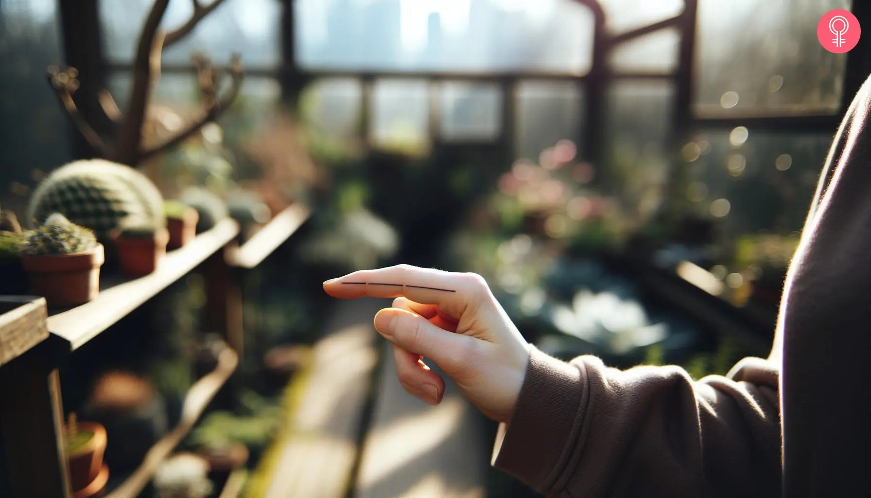 Woman with a straight line finger tattoo, symbolizing forward momentum and progress