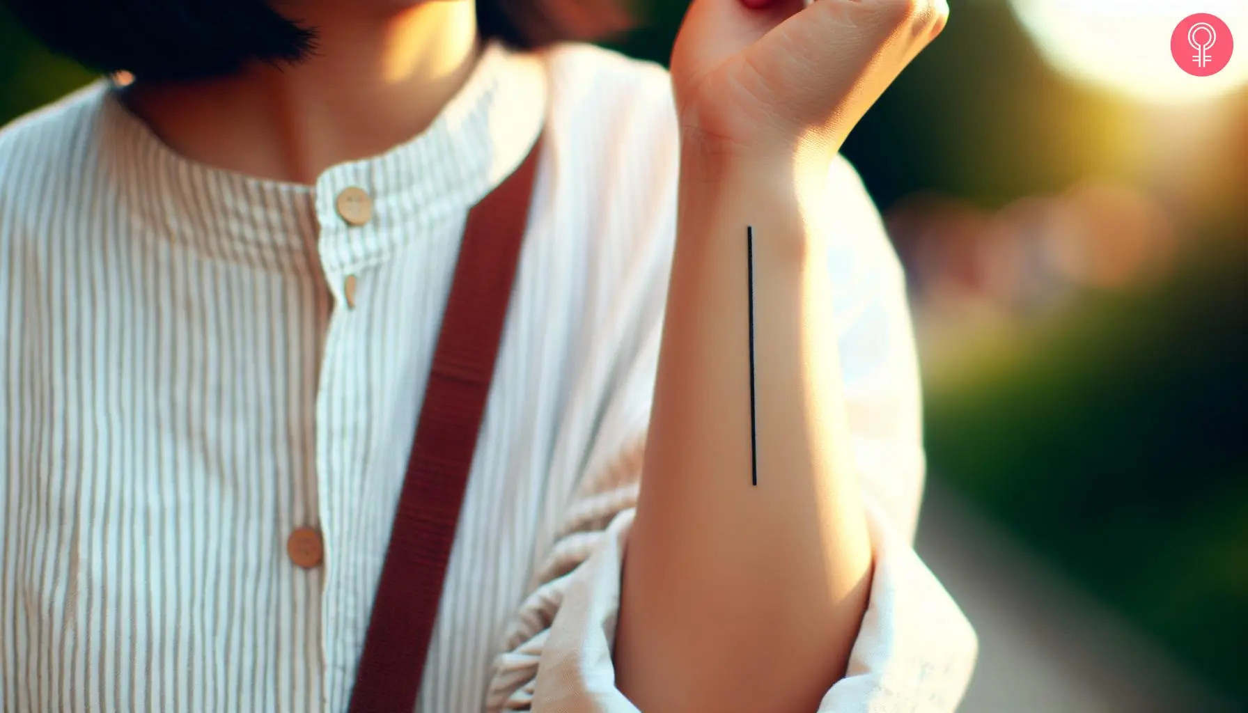 Woman with a straight line forearm tattoo, suggesting a focus on progress and moving forward