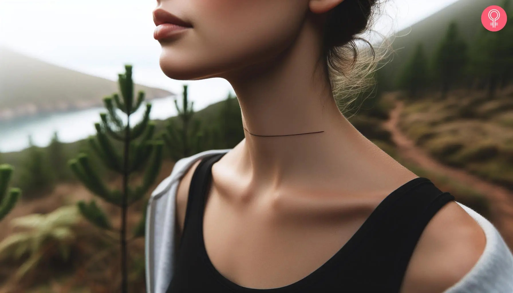 Woman with a straight line neck tattoo, suggesting inner strength and determination
